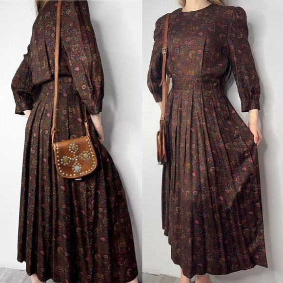 Vintage Prairie Maxi Midi Dress Modest Paisley Print  Dark Academia Size XS - Picture 1 of 5